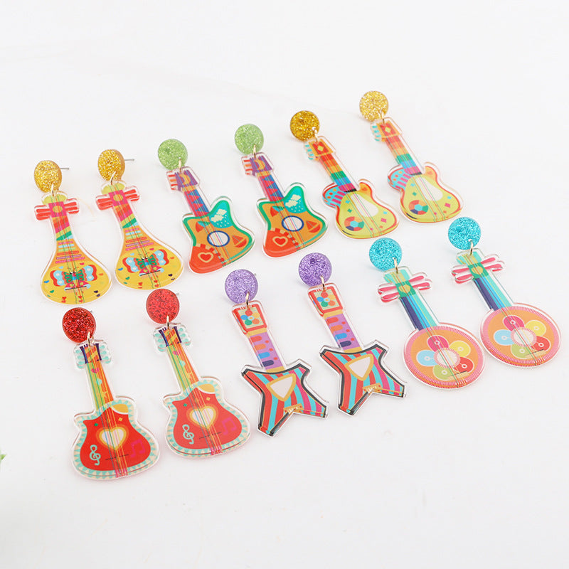 Wholesale 10pcs Music Festival Fashion Personality Rainbow Guitar Musical Instrument Earrings